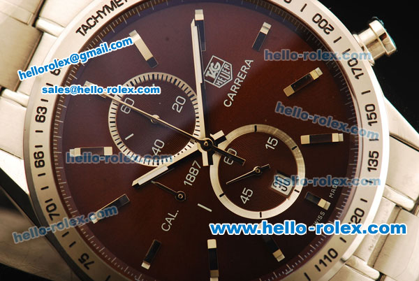 Tag Heuer Carrera Chronograph Miyota Quartz Movement Full Steel with Brown Dial and Stick Markers-7750 Coating Case - Click Image to Close